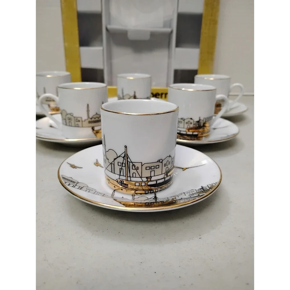 Bernardo Fine Porcelain Turkish Coffee 6 Cups 6 Saucers Skyline Birds Gold Tea